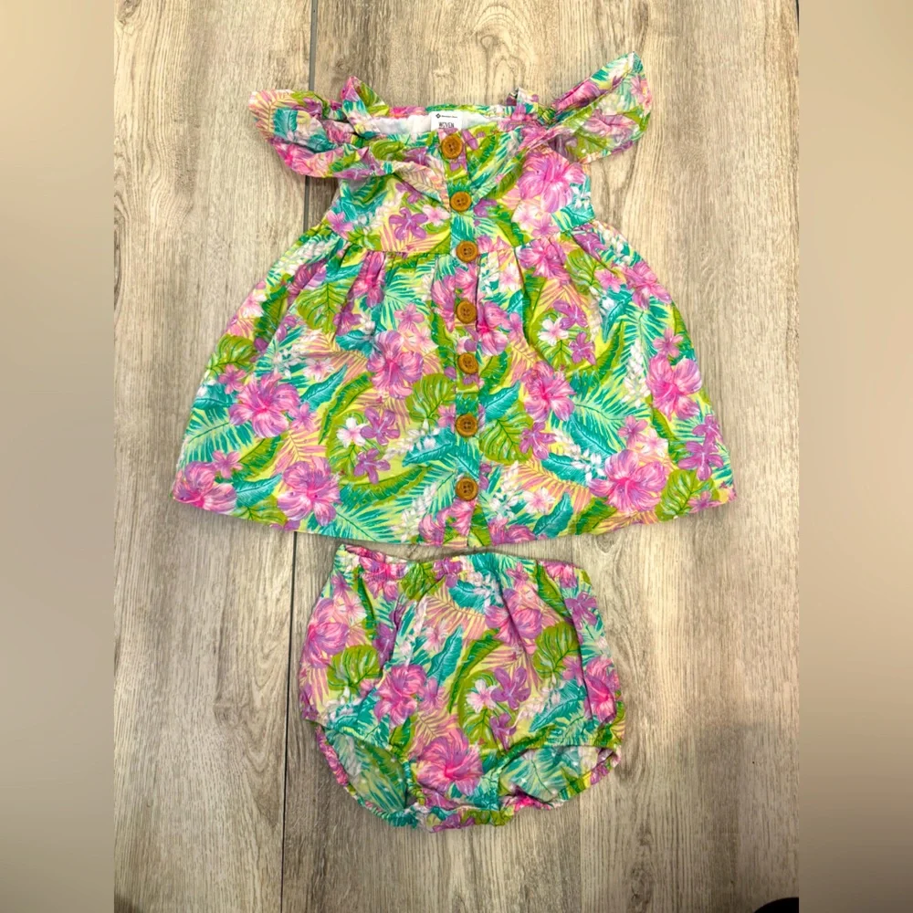 Tropical Floral Kids Dress Set - Pink and Green